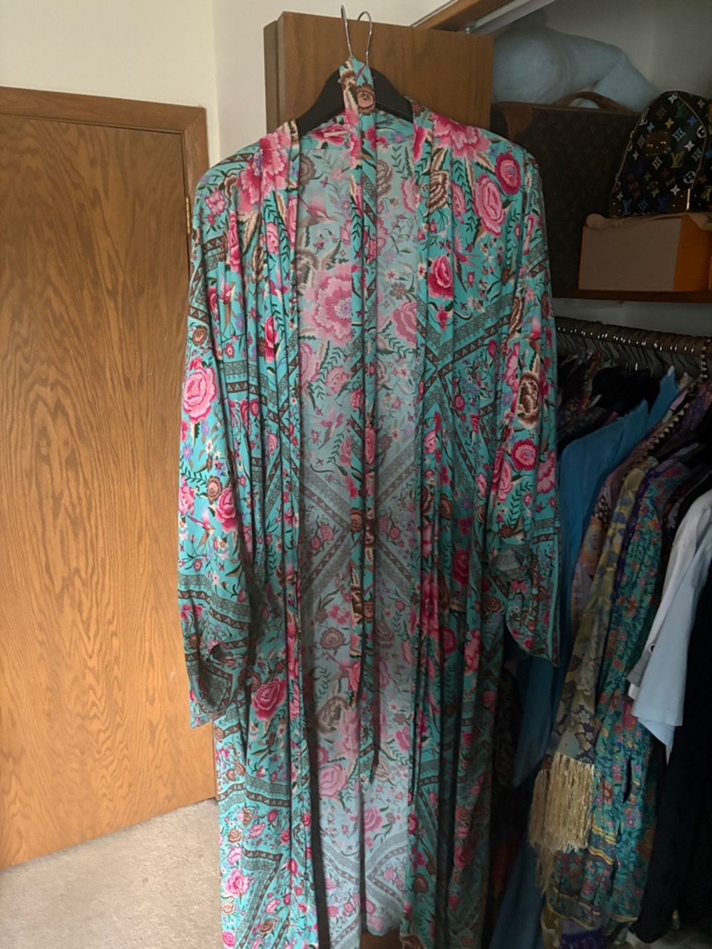 Spell Turquoise Floral Maxi Kimono Robe with Pink Roses